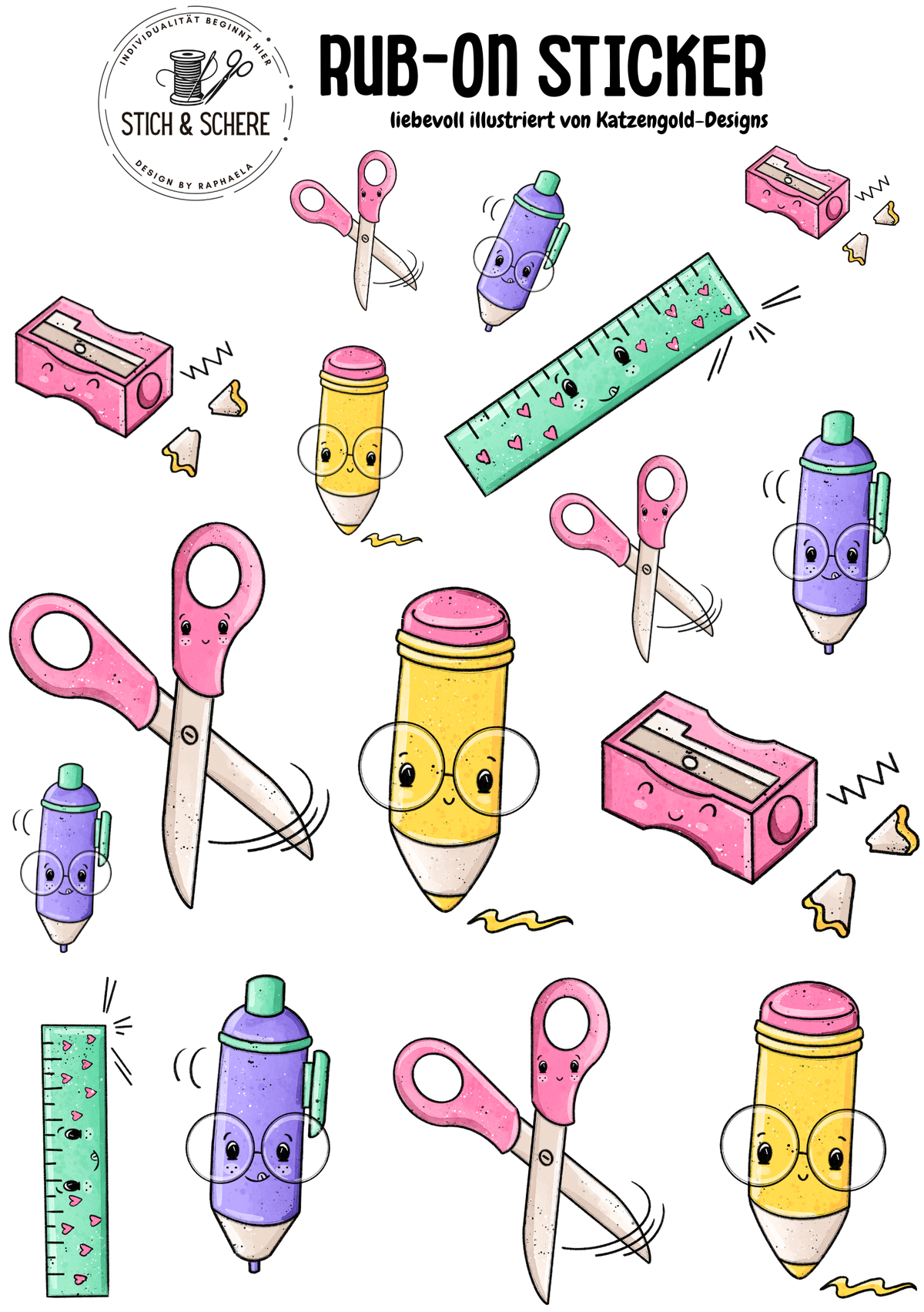 Rub-On Sticker | Schreibzeug – liebevoll illustriert von Katzengold-Designs