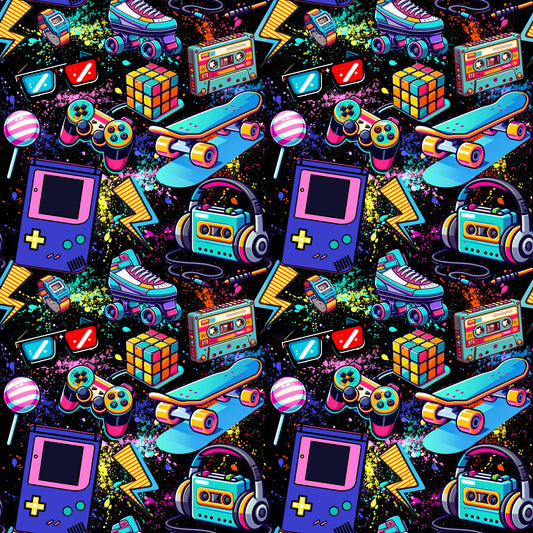 Kinderstoff 90’s mit bunten Retro-Gaming- und Streetstyle-Motiven auf Jersey & French Terry.