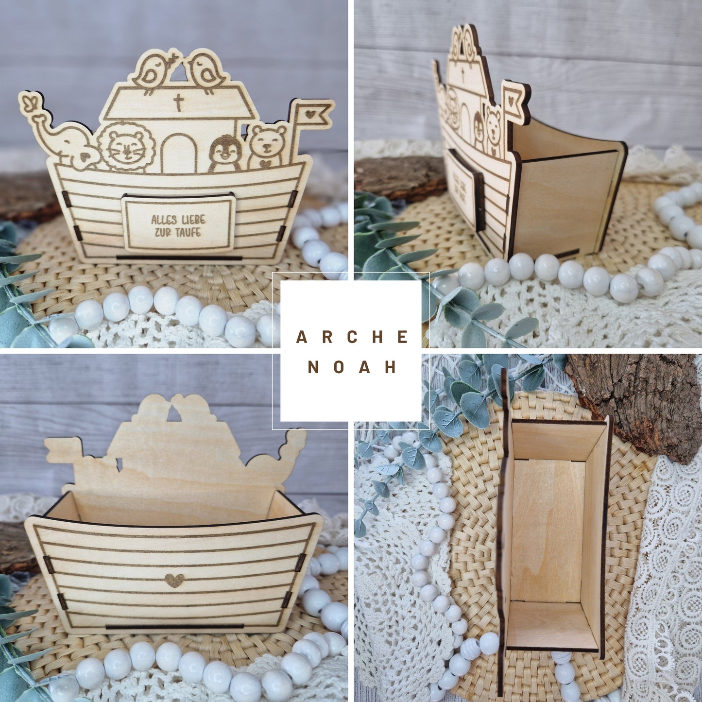 Arche Noah Collage mit dem Blich von vorne, von hinten von der Seite und von oben.
