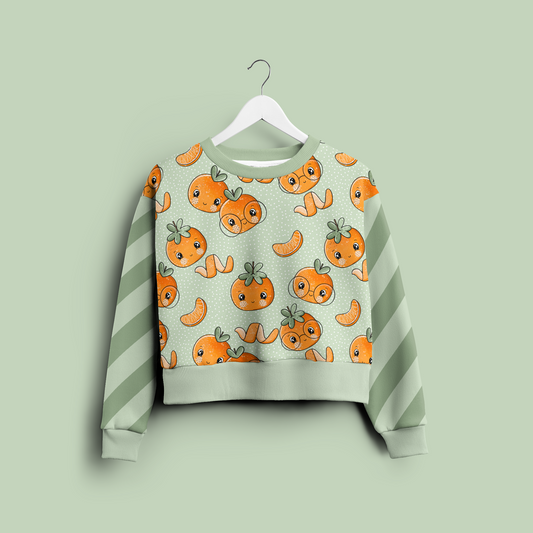 Cropped-Sweatshirt im Mockup vor salbeigrünem Hintergrund auf weißem Bügel. Vorder- und Rückenteil zeigen das fröhliche „Clementini“-Muster: orange Mandarinen mit lächelnden Gesichtern, Segmenten und Schalen auf salbeigrünem Fond mit feinen weißen Pünktchen. Ärmel in breiten, schrägen Blockstreifen aus zwei Salbeigrün-Nuancen; Halsausschnitt, Bündchen und Saum in einfarbig hellem Salbeigrün. Frontal fotografiert, leichtes Schattenfall nach unten.