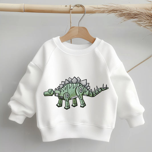 „Mockup eines Kinder-Sweaters: mittig auf der Brust das Bügelbild eines grünen Robo-Stegosaurus; zeigt Größe und Platzierung des Motivs auf der Kleidung.“