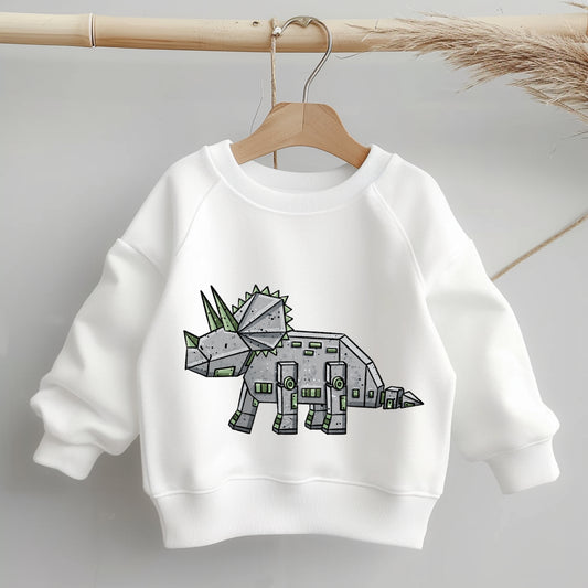 „Mockup eines Kinder-Sweaters: mittig auf der Brust das Bügelbild eines Robo-Triceratops mit grauen Metallplatten und grünen Details; zeigt Größe und Platzierung des Motivs.“