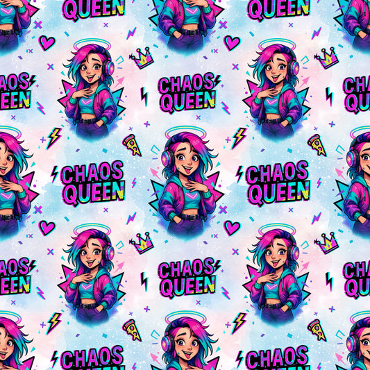 Nahtloses Stoffdesign „Chaos Queen“ mit bunter Comic‑Figur: junge Frau mit pink‑türkisfarbenem Haar, Kopfhörern, lila Bomberjacke, vor buntem Hintergrund mit Herzen, Blitzen, Pizza‑Stück und der Aufschrift „Chaos Queen“ in Neonfarben.