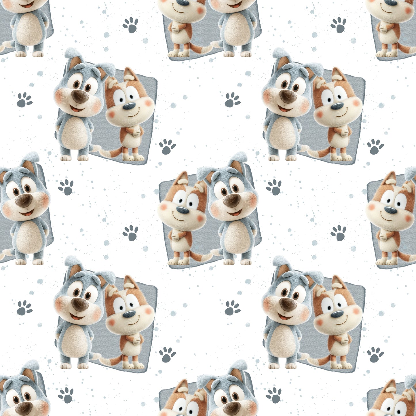 Nahtloses Stoffdesign „Geschwisterhunde“ mit zwei fröhlichen Hunden: einer in Grau, einer in Beige, beide mit großen Augen und rosigen Wangen. Hintergrund mit zarten Farbklecksen und kleinen Pfotenabdrücken.