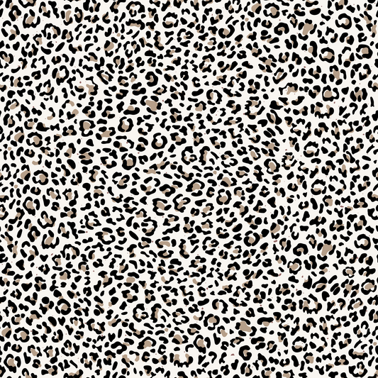 Leopardenmuster Stoff „Leo“ mit schwarzem Animalprint auf beige-weißem Hintergrund – nahtloses Design für Nähprojekte, Accessoires und Kleidung.