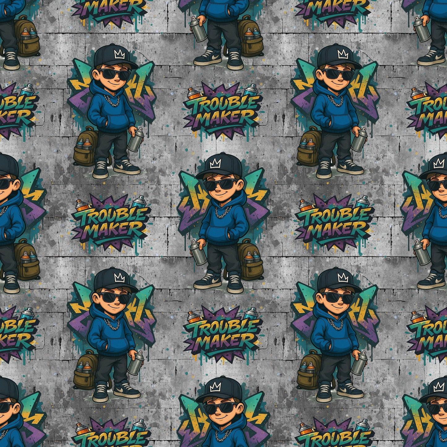 Nahtloser Stoff mit Graffiti-Motiv: Ein lässiger Junge mit Kappe, Sonnenbrille und Spraydose steht vor einer bunten Wand mit „Trouble Maker“-Schriftzug – urbaner Streetstyle in kräftigen Farben auf grauer Beton-Optik.