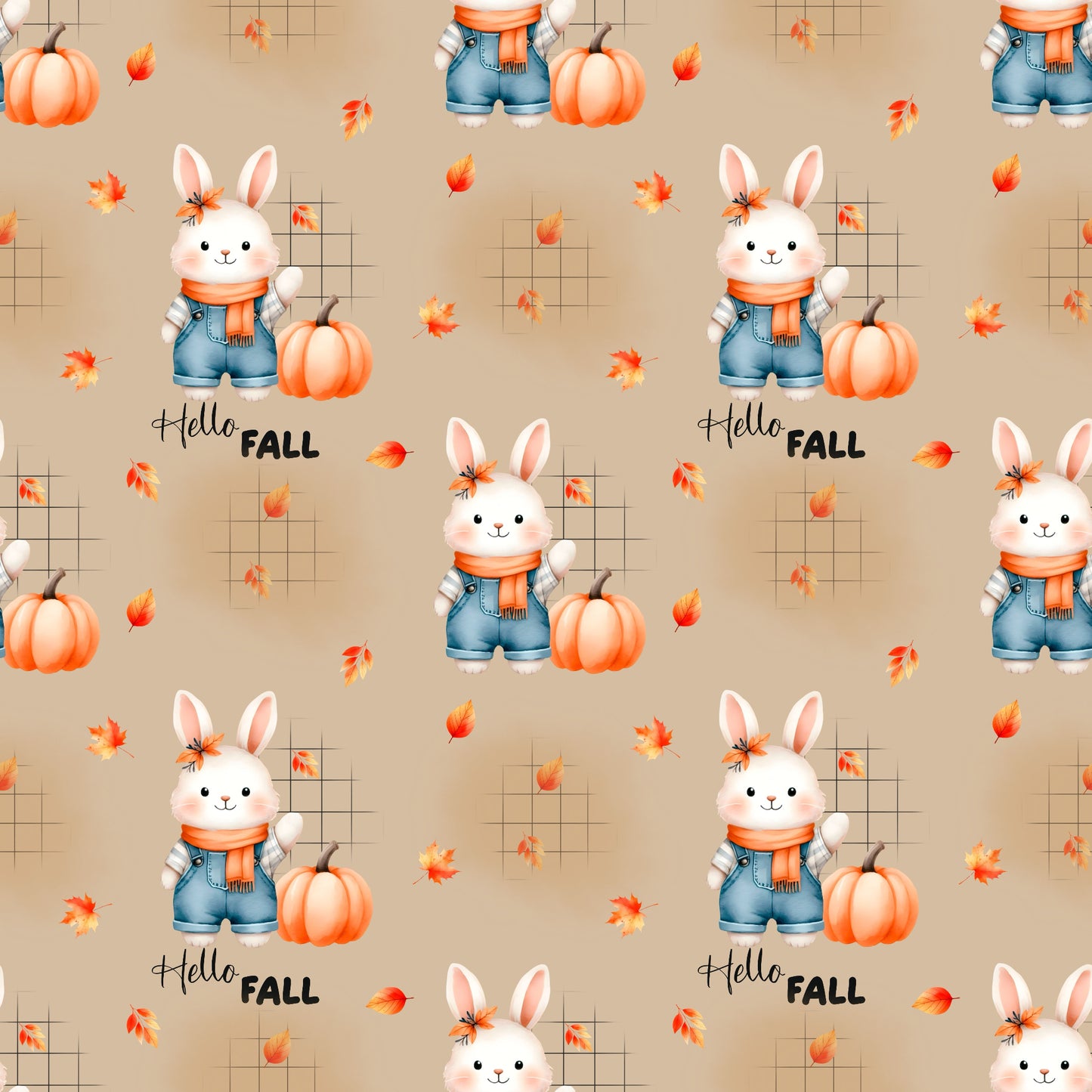 Herbststoff „Herbsthäschen – Hello Fall“ mit Hase, Kürbis, fallenden Blättern und Schriftzug auf beigem Hintergrund.