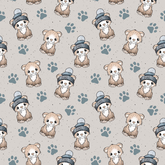 Stoffkachel „Säbi“ – handgemalter Säbelzahntiger & Pfoten auf sandbeigem Kinderstoff (Jersey/French Terry) von Katzengold-Designs