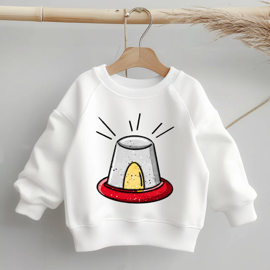 „Mockup eines Kinder-Sweaters: mittig auf der Brust das Bügelbild einer Sirenen-Alarmleuchte; zeigt Größe und Platzierung des Motivs auf der Kleidung.“