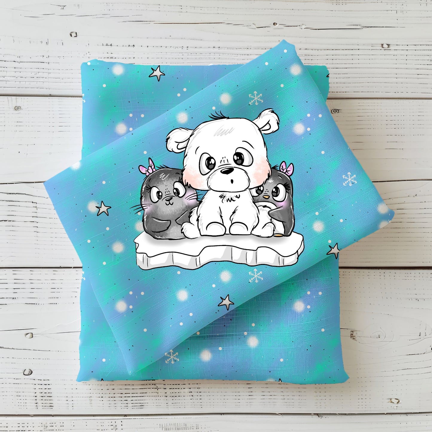 Stoffpanel „ArcticGang“ mit Eisbär, Pinguin und Kombistoff.