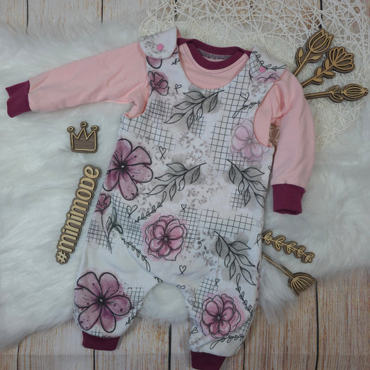 Baby Set getragen kombiniert Strampler und Body Blumen rosa Größe 62/68 handgenäht