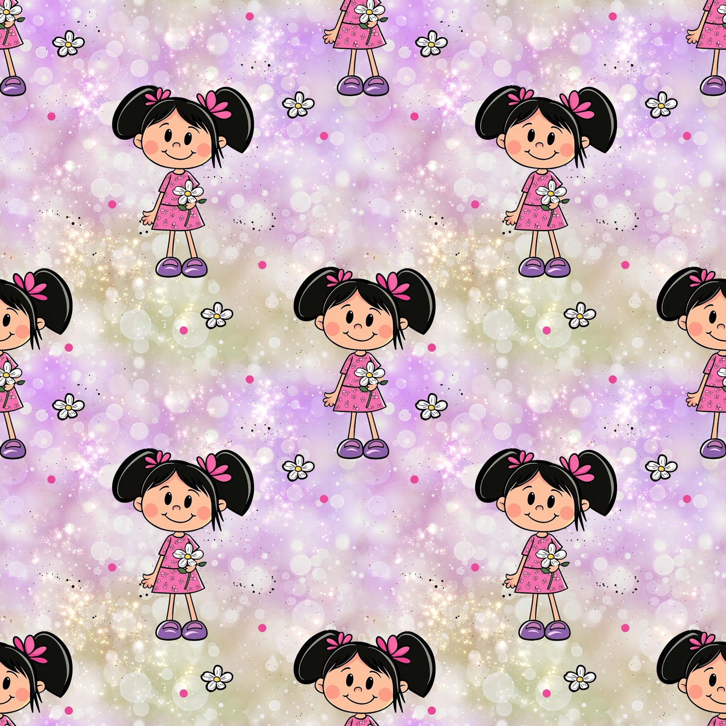 Blumenmädchen Stoff – Hochwertige Meterware mit süßem Mädchen-Design und Blumenmuster auf lila Hintergrund.