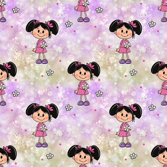 Blumenmädchen Stoff – Hochwertige Meterware mit süßem Mädchen-Design und Blumenmuster auf lila Hintergrund.