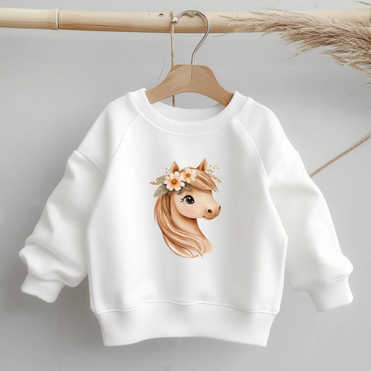 Liebevolles Blumenpferd-Motiv als Bügelbild für Pferdefans & kleine Reiterinnen.