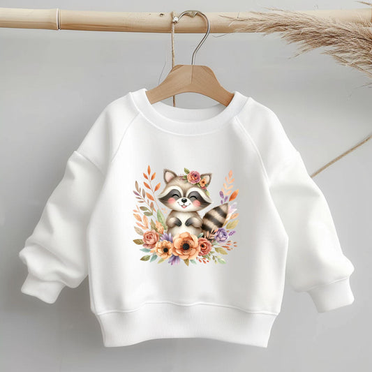 Niedliches Boho Waschbär Bügelbild mit floralem Design für Kinderkleidung.