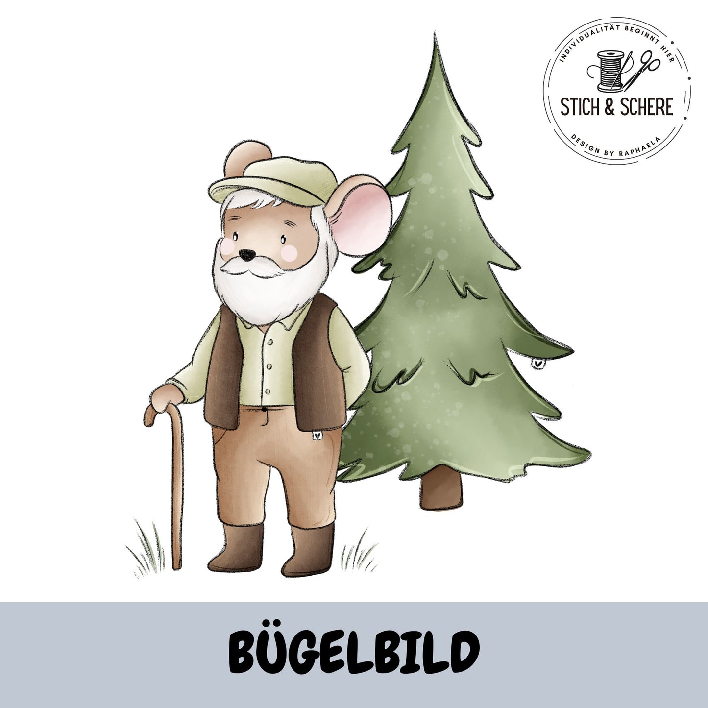 Bügelbild „Alpenmäuse“ mit älterer Maus im Alpenstil vor einer Tanne im handgemalten Aquarellstil als hochwertiger DTF-Transfer für Kinderkleidung