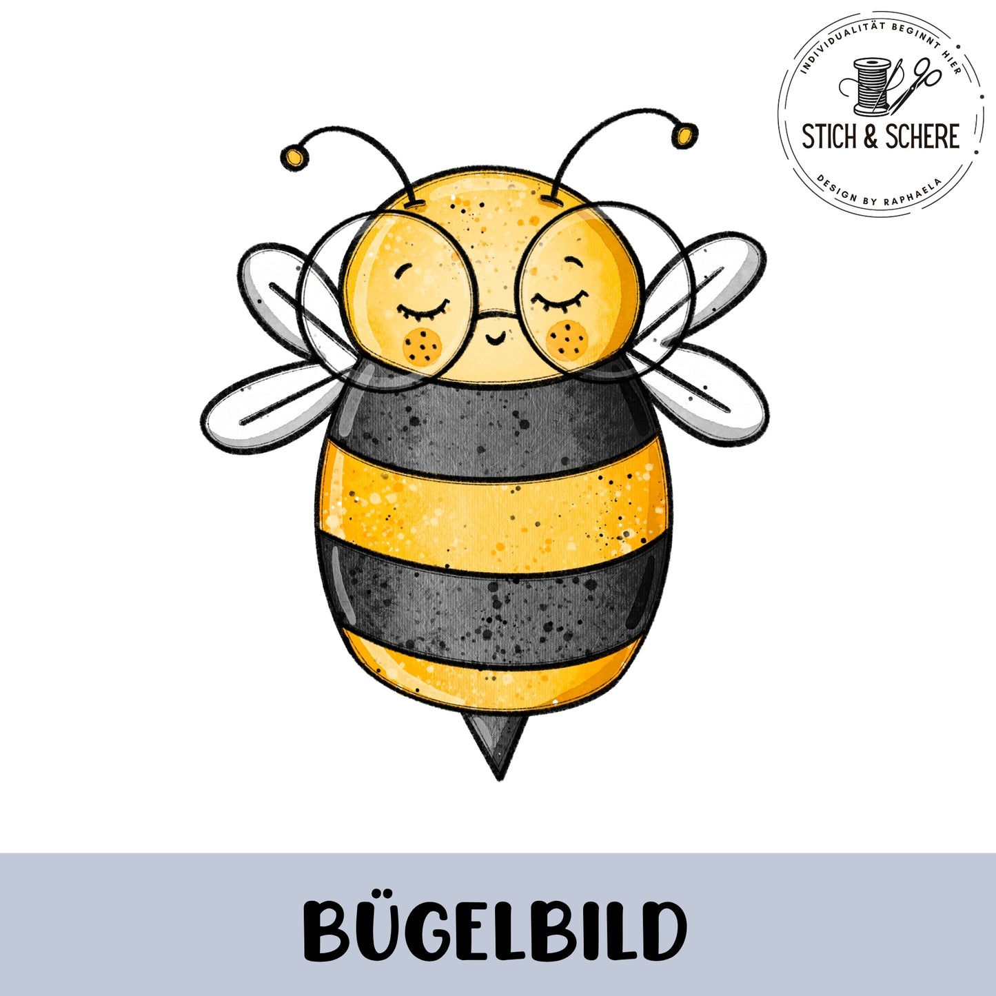 „Freigestelltes Bügelbild: gelb-schwarze Biene mit runder Brille, geschlossenen Augen, Sommersprossen und transparenten Flügeln; kindliche Illustration.“