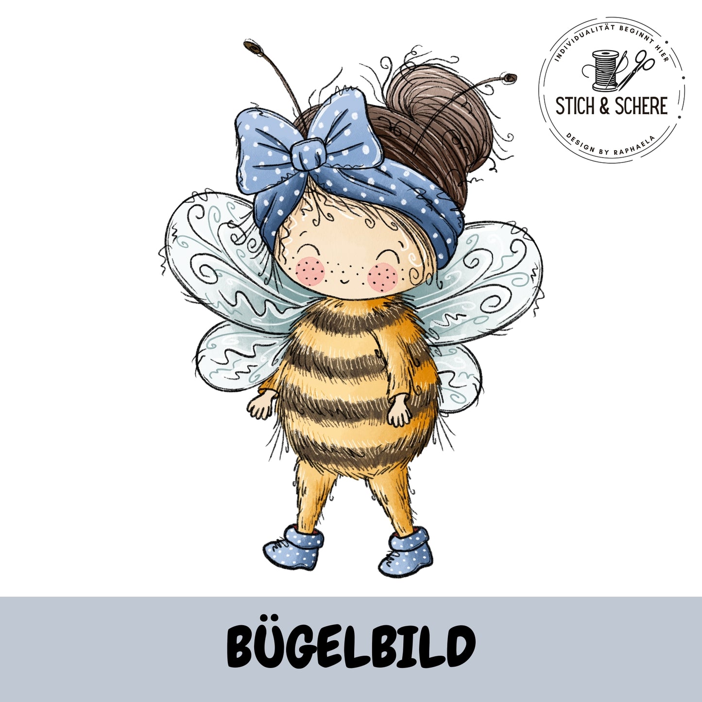 Bügelbild Bienenmädchen mit blauer Schleife von Katzengold-Designs