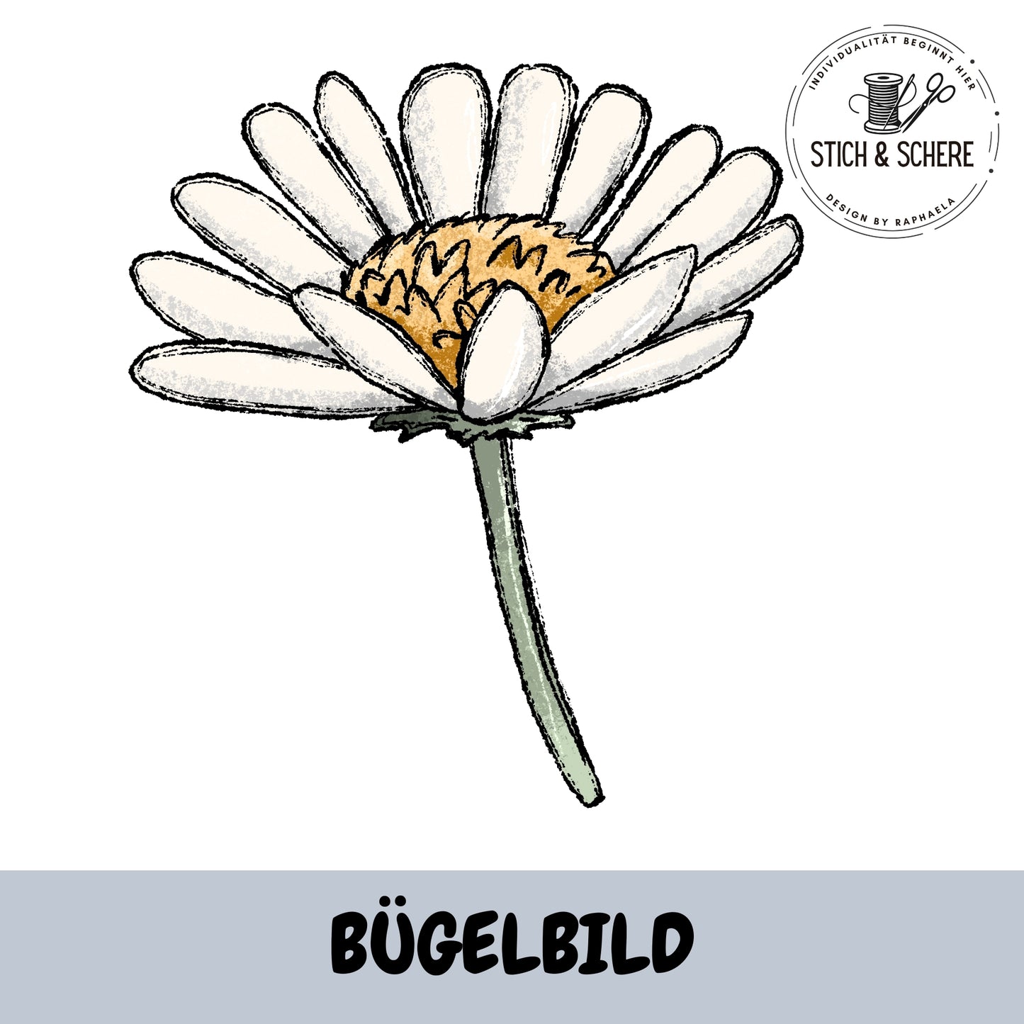 Bügelbild weiße Blume mit gelber Mitte – Motiv Bunte Wiese von Katzengold-Designs