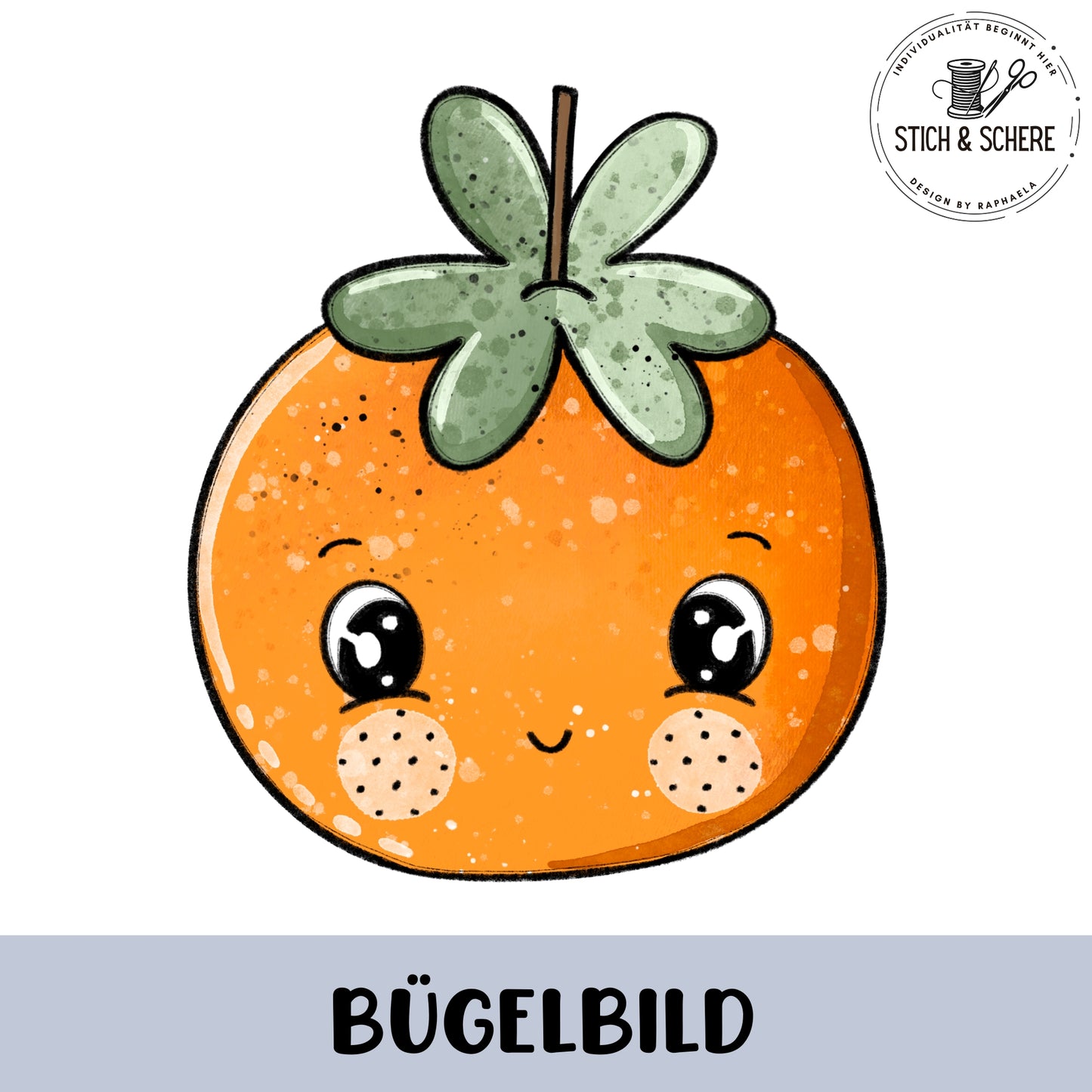 Runde, orangefarbene Mandarine als Bügelbild ohne Brille, mit großen glänzenden Augen, Sommersprossen und grünem Blatt oben; freundlicher Gesichtsausdruck auf weißem Hintergrund.