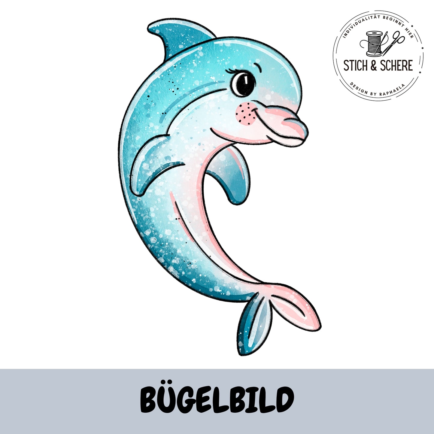 Bügelbild Delfin Katzengold-Designs – einzelner lächelnder Delfin in Blau-Rosa