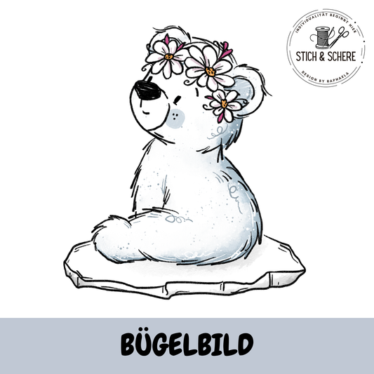 BĂŒgelbild EisbĂ€rchi mit Blume und floralen Details auf Eisscholle â DTF Transfer