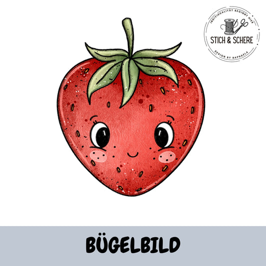 Bügelbild Erdbeerlein ohne Brille von Katzengold-Designs – niedliche Erdbeere mit Gesicht in 10 oder 15 cm