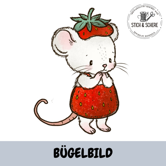 Bügelbild Erdbeermäuse Maus im Erdbeerkleid – verspieltes Motiv passend zum Stoffdesign.