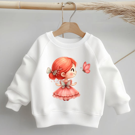 Kinderpullover mit Bügelbild „Feenhaft“ – kleine Fee mit rosa Kleid und Schmetterling.