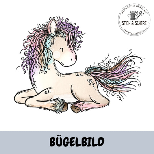 Bügelbild Flower Pony liegendes Pony – verträumtes Pony mit bunter Mähne als DTF Transfer passend zum Flower Pony Stoff.