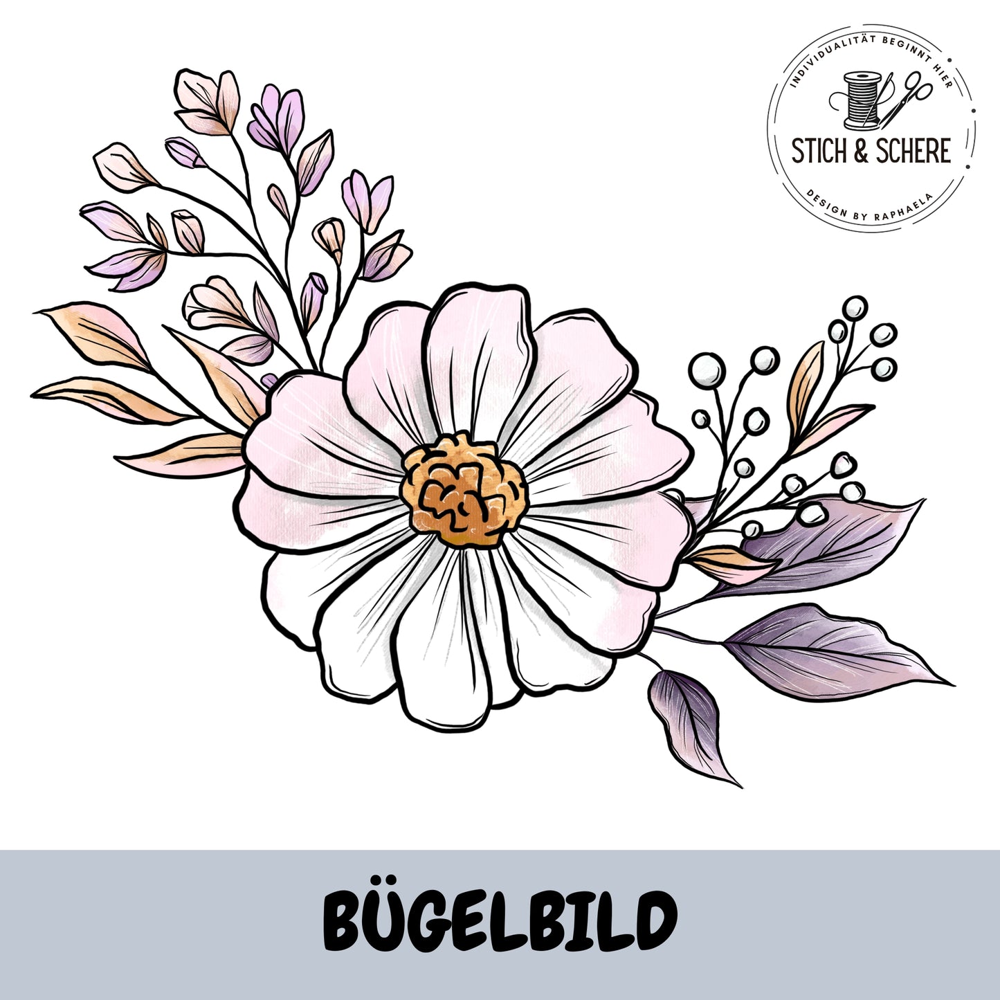 Bügelbild Flower Pony Blume weiß – zarte florale Illustration als DTF Transfer passend zum Flower Pony Stoff.