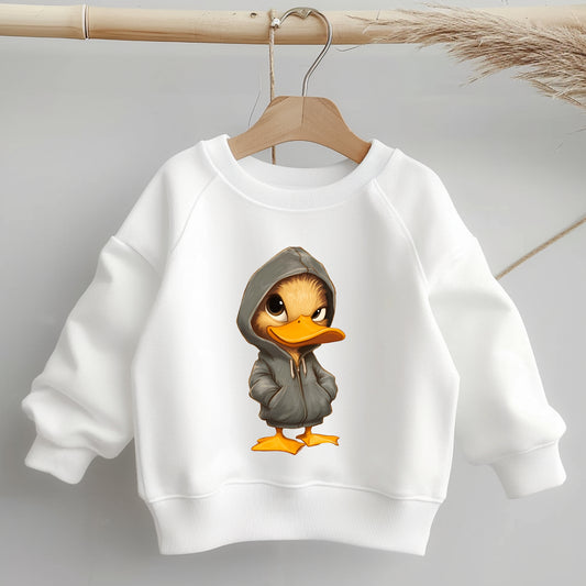 Bügelbild Freche Ente auf weißem Kinderpullover – cooler Enten-Style für Kids.