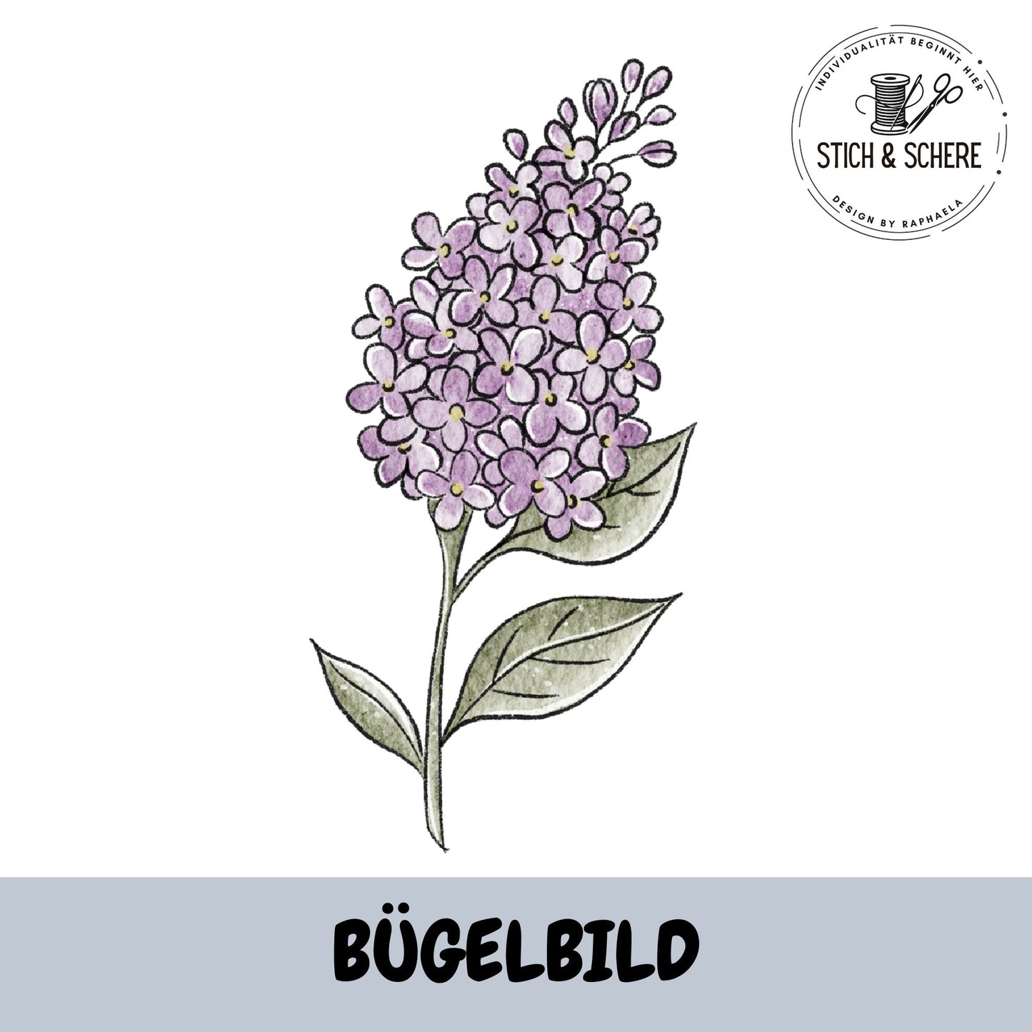 Bügelbild „Frühlingsblumen“ mit fliederfarbenen Blüten und grünen Blättern im handgemalten Aquarellstil als hochwertiger DTF-Transfer für Kleidung und Accessoires