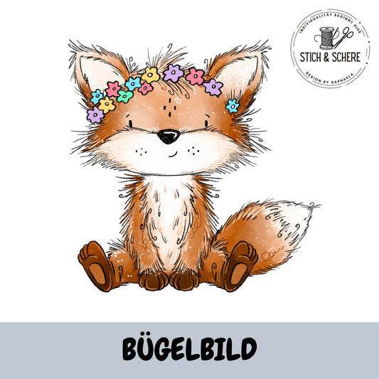 BĂŒgelbild Fuchstag Blumen von Katzengold-Designs â sitzender Fuchs mit Blumenkranz als DTF-Transfer