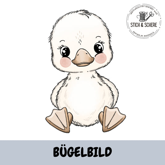 Bügelbild Gänsebaby sitzend mit großen Augen 10 oder 15 cm Katzengold-Designs