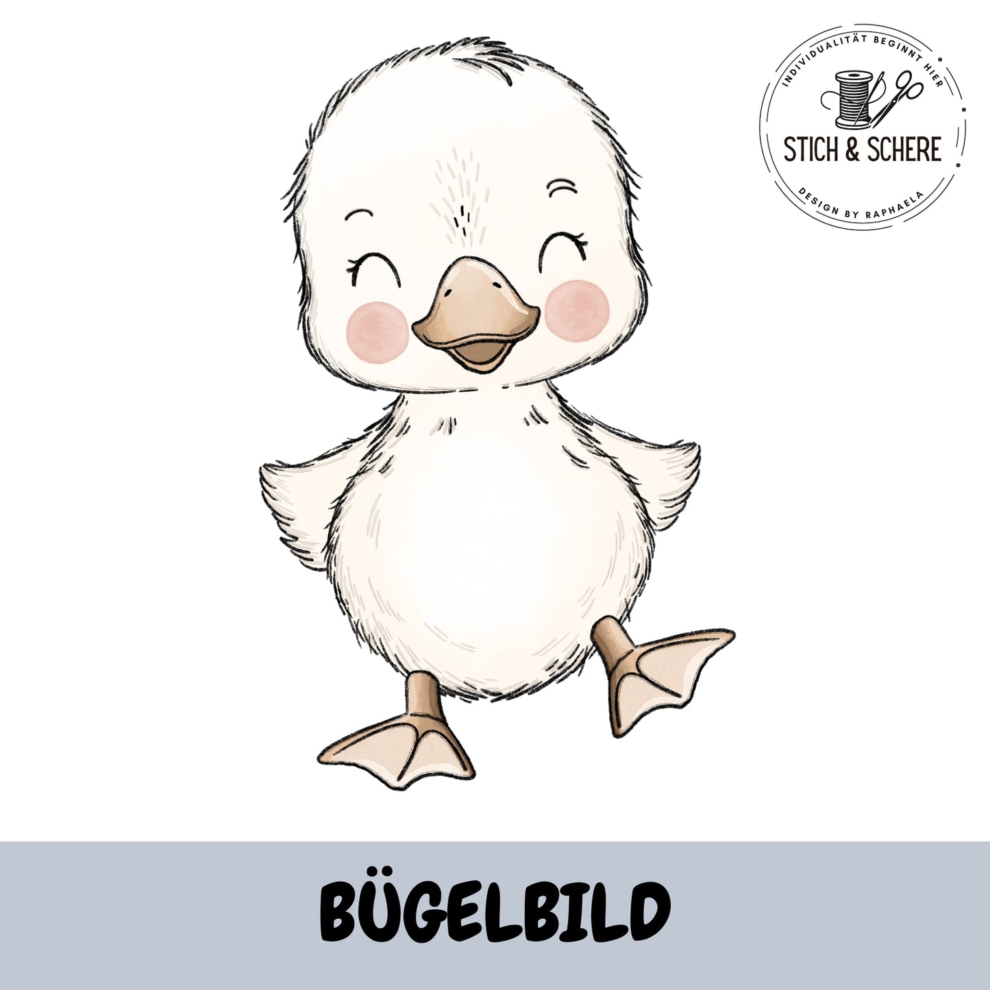 Bügelbild Gänsebaby lachend stehend 10 oder 15 cm Katzengold-Designs