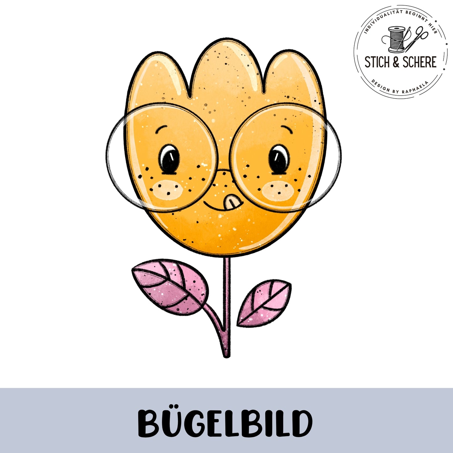 „Freigestelltes Bügelbild: gelbe Tulpe mit runder Brille und freundlichem Gesicht, zwei rosa Blätter am Stiel.“
