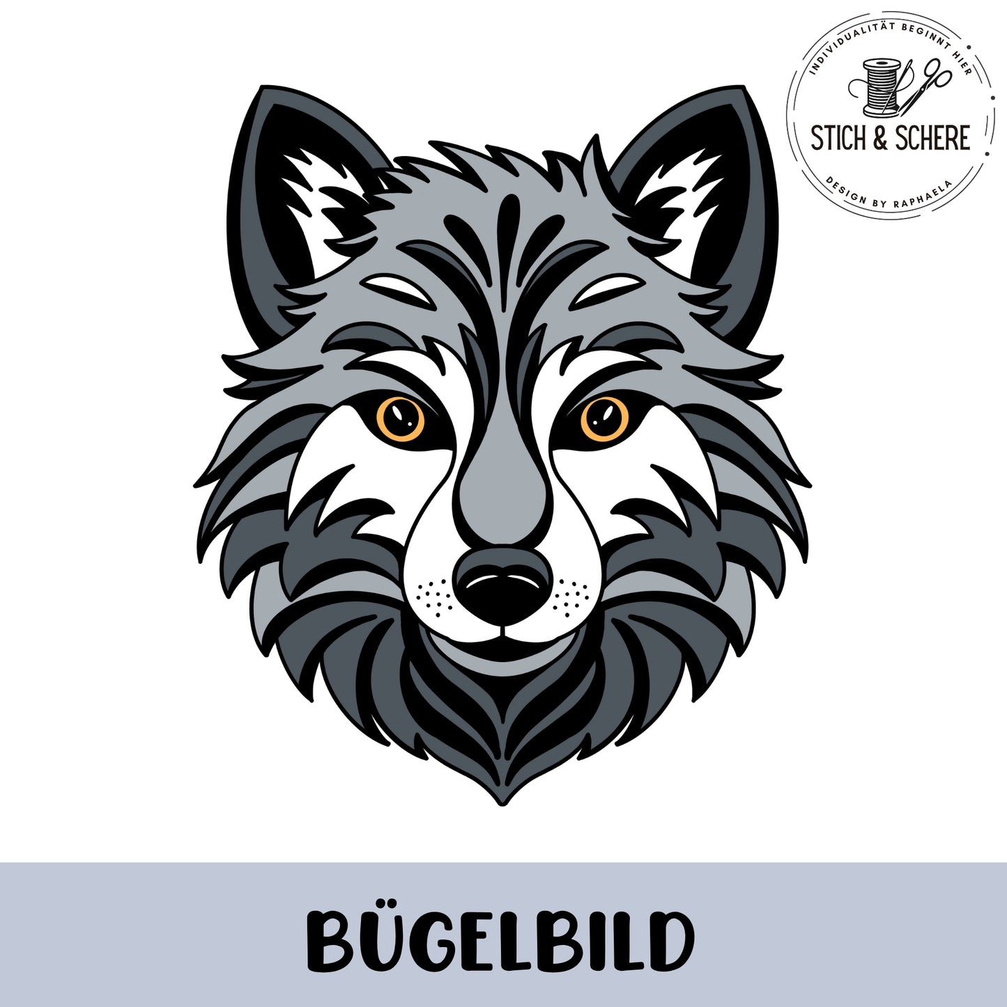 „Freigestelltes Bügelbild: frontal gezeichneter Wolfskopf in Grau, Schwarz und Weiß mit goldenen Augen und markanter Fellstruktur; klarer, kontrastreicher Stil.“