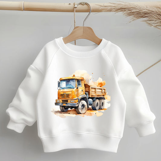 Kinderpullover mit gelbem Kipplaster – cooles Bügelbild für kleine Baustellenfans.