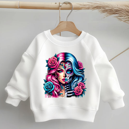 Sweatshirt mit Bügelbild „La Catrina“ – Calavera-Motiv in Pink und Blau
