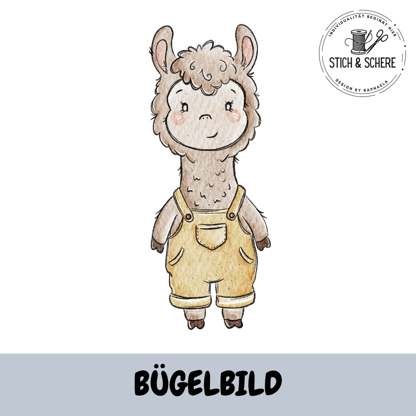 Bügelbild „Lamarama“ mit niedlichem Lama in gelber Latzhose im handgemalten Aquarellstil als hochwertiger DTF-Transfer für Kinderkleidung und Nähprojekte