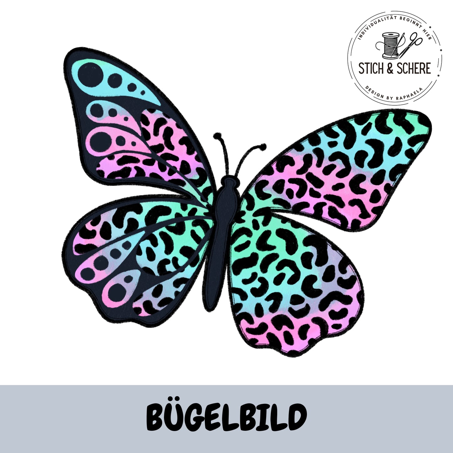 Bügelbild Leo Butterfly mit buntem Schmetterling und Leo-Muster von Katzengold-Designs als DTF Transfer für Kleidung und Nähprojekte.