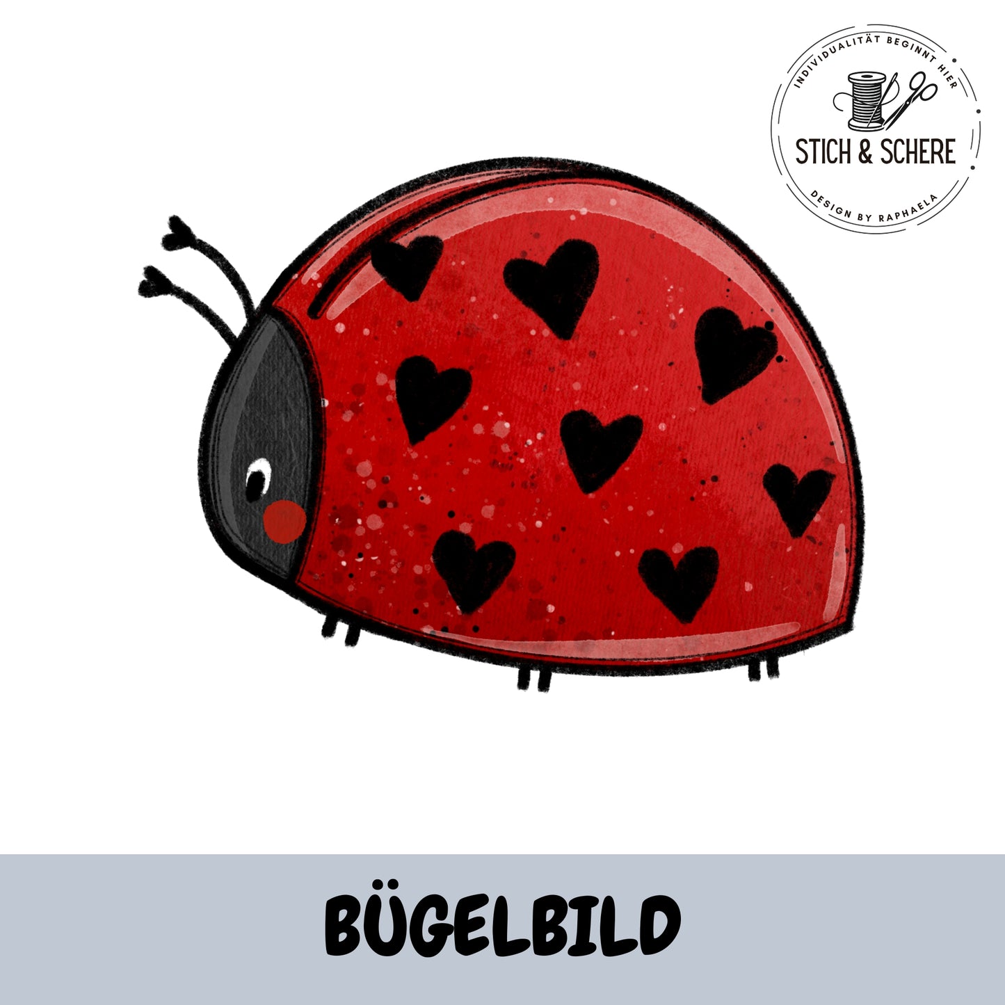 Bügelbild Love Bug Marienkäfer – roter Marienkäfer mit Herzmuster passend zum Stoffdesign Love Bug von Katzengold-Designs.