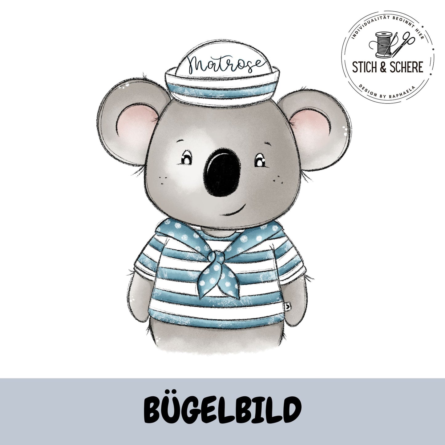 Bügelbild „Matrose Koala“ mit gestreiftem Matrosenshirt, Halstuch und Seemannsmütze im handgemalten Aquarellstil als hochwertiger DTF-Transfer für Kinderkleidung