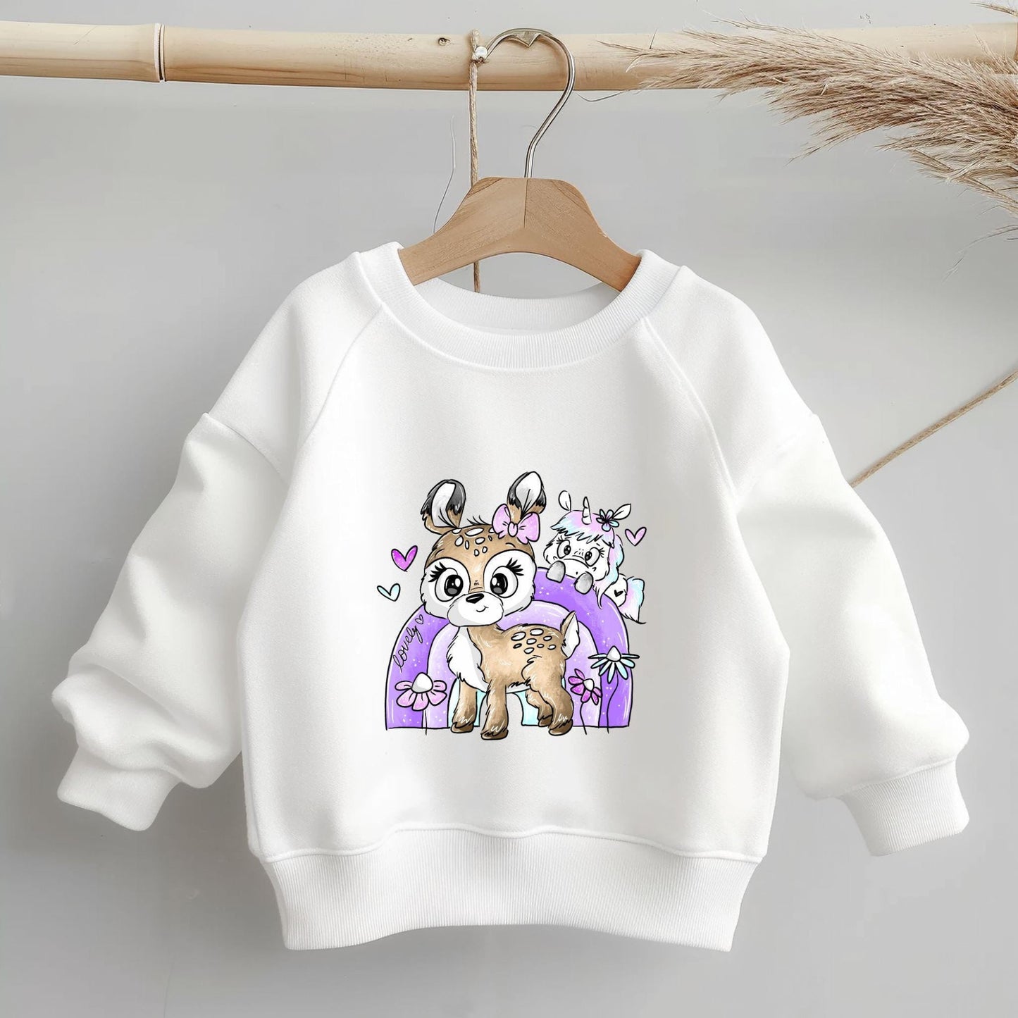 Bügelbild „Over the Rainbow“ – Magisches Reh & Einhorn für Kinderkleidung.