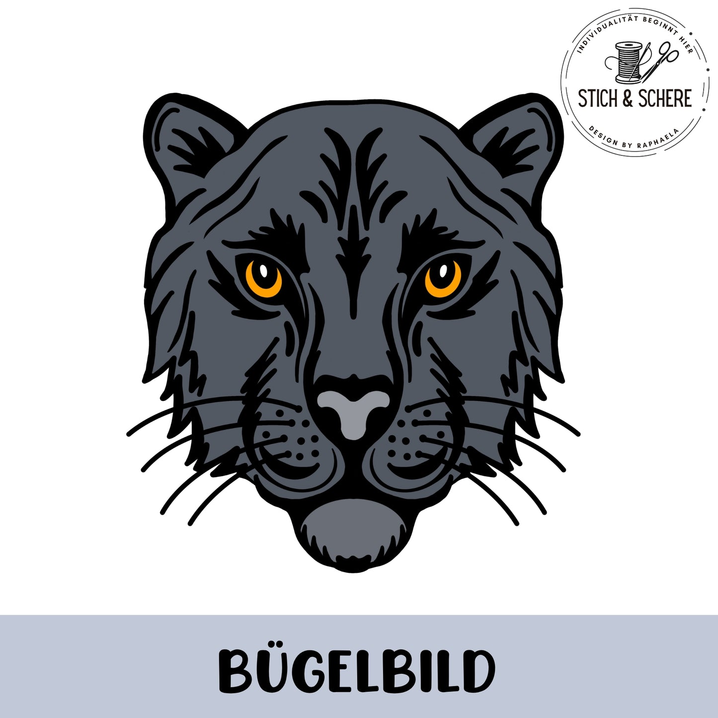 „Freigestelltes Bügelbild: frontal gezeichneter dunkelgrau-schwarzer Pantherkopf mit goldenen Augen und klaren Konturen.“