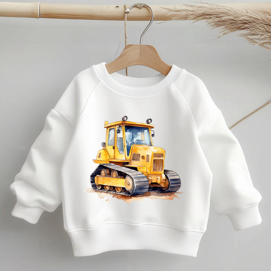 Bügelbild Planierraupe auf weißem Kinderpullover – starkes Baustellenmotiv.