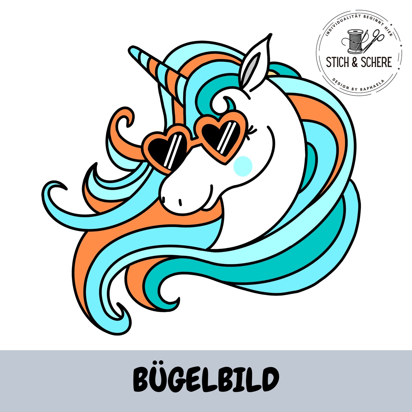 Rainbow Unicorn Bügelbild in Türkis und Orange mit Herz-Sonnenbrille – farbenfrohes Einhornmotiv von Katzengold-Designs