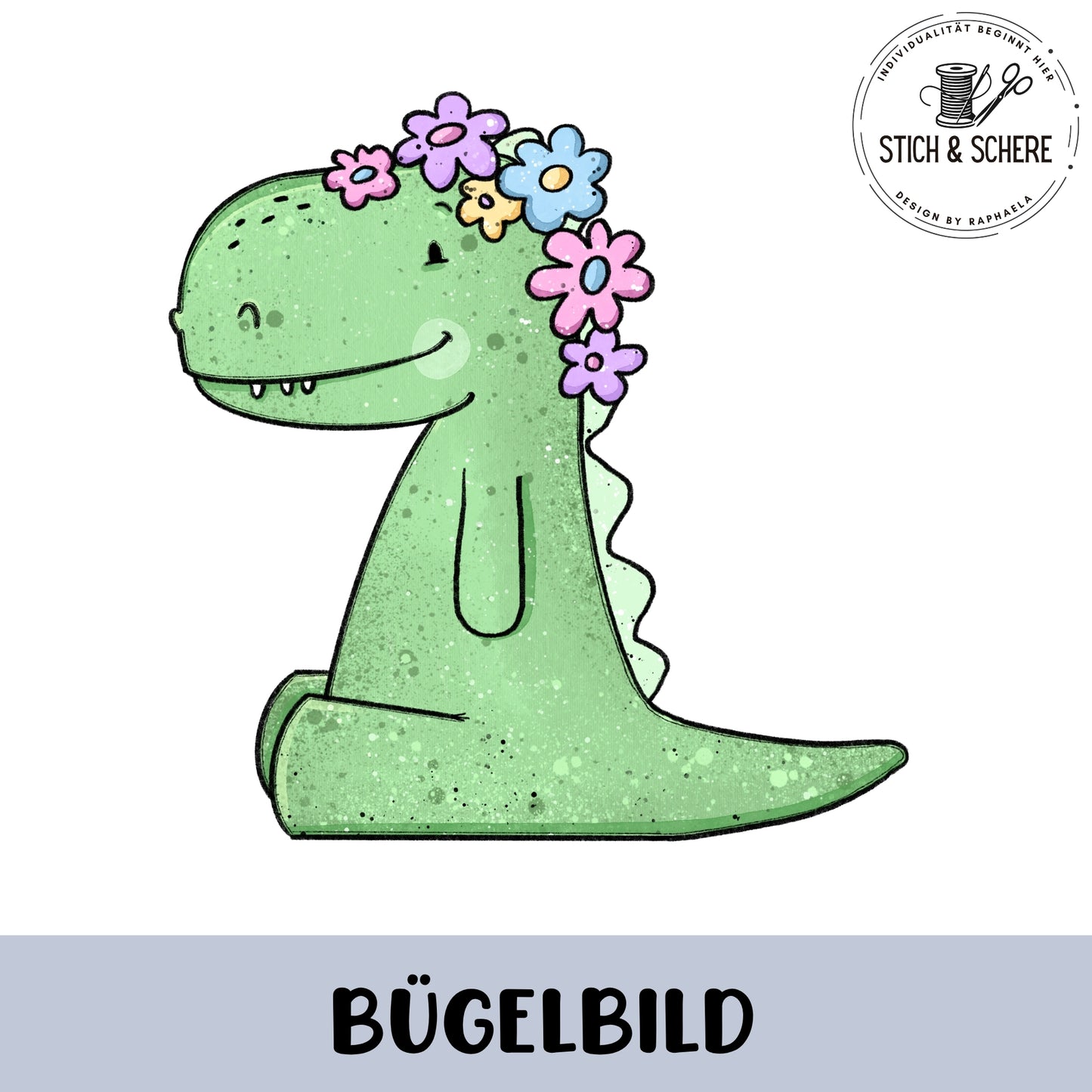 Grüner, sitzender Dino mit kleinen Rückenzacken und blumigem Kranz in Rosa, Lila, Blau und Gelb; lächelndes Gesicht, kindliche Illustration.