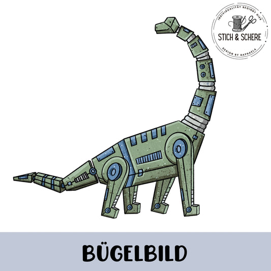 „Freigestelltes Bügelbild: mechanischer Langhals-Dinosaurier in Grau-Grün mit blauen Details, segmentiertem Hals und vierkantigen Beinen; technischer Illustrationsstil.“